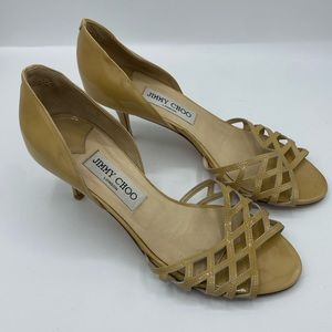 Jimmy Choo Beige Patent Leather Lattice Slip On Mule Kitten Heels size 37.5 7.5